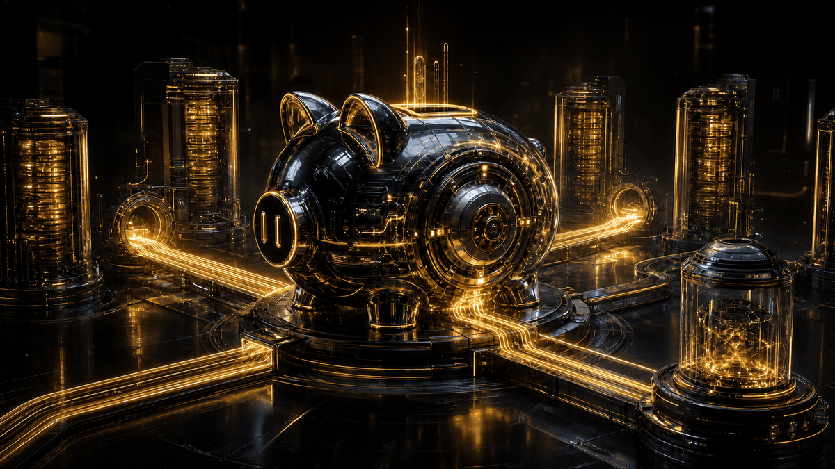 Glossy gold cost-allocation piggy bank with bright gold conduits feeding namespace lanes and a separate idle-reserve chamber