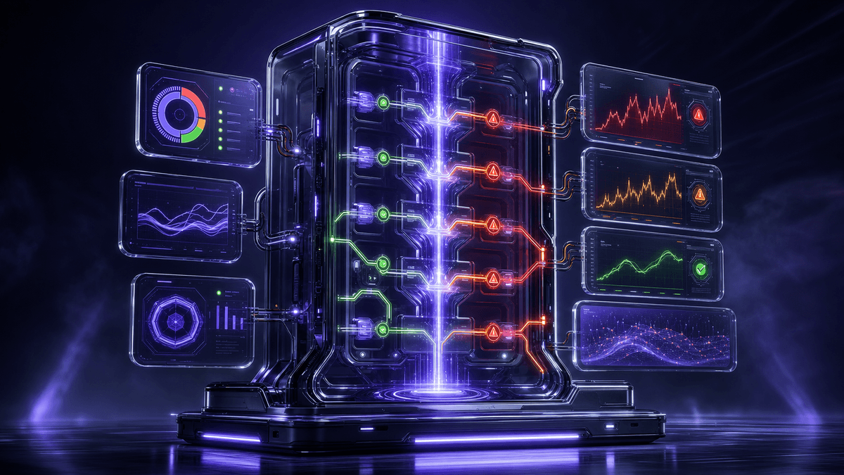 Glossy observability monolith with trace branches feeding red alert, orange warning, and green healthy monitoring panels
