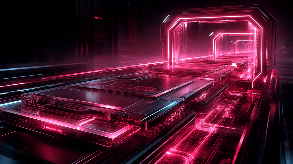 Glossy pink maintenance corridor with stacked platform slabs passing through repeated upgrade gates into a long illuminated service trench