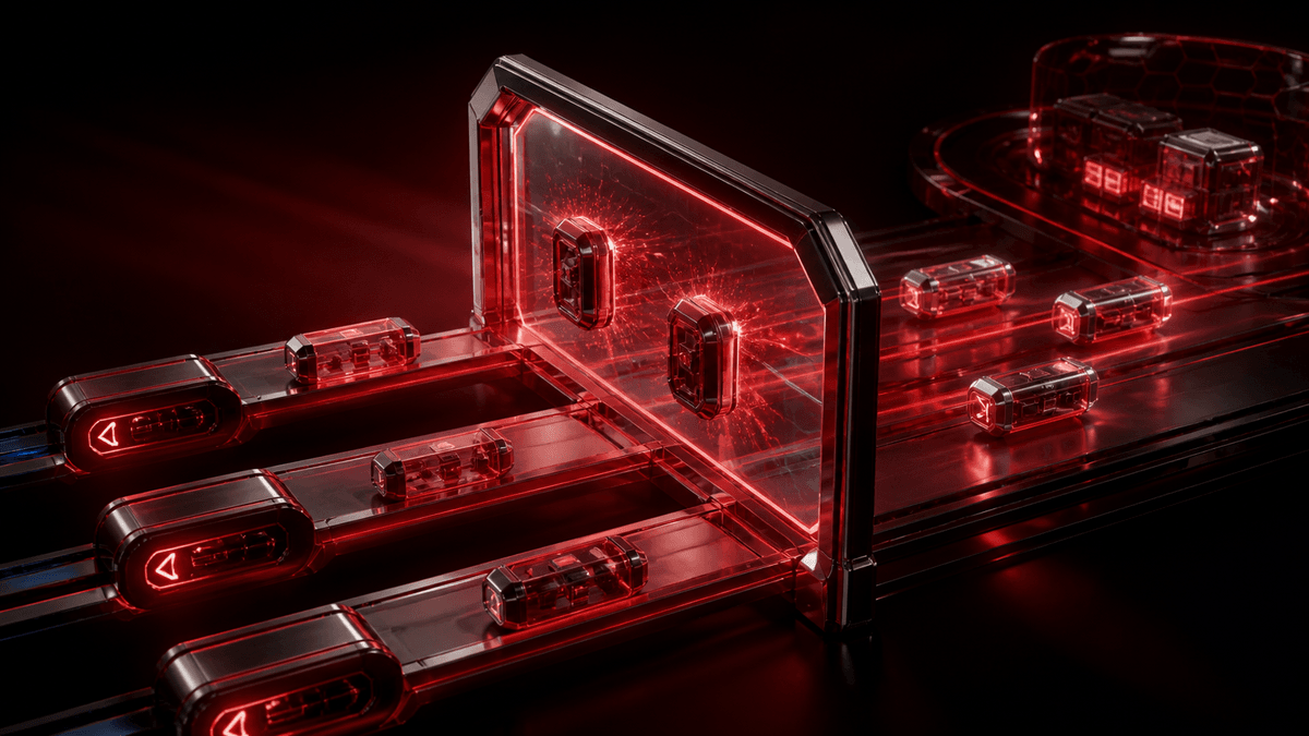 Glossy deep red enforcement gateway with three policy lanes converging on a transparent barrier that blocks unsafe workload capsules while compliant ones pass through