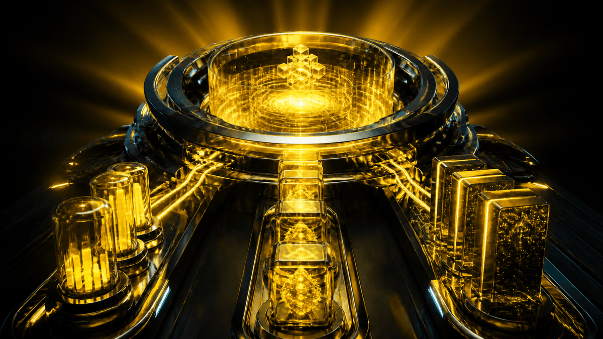 Glossy bright-gold update lanes feeding chart canisters, image capsules, and provider monoliths through a central review hub