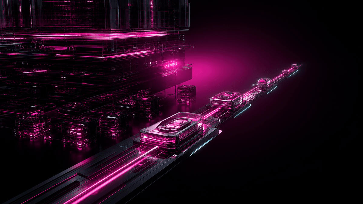 Glossy fuchsia architecture monolith with smaller platform modules peeling away onto a leaner illuminated lane
