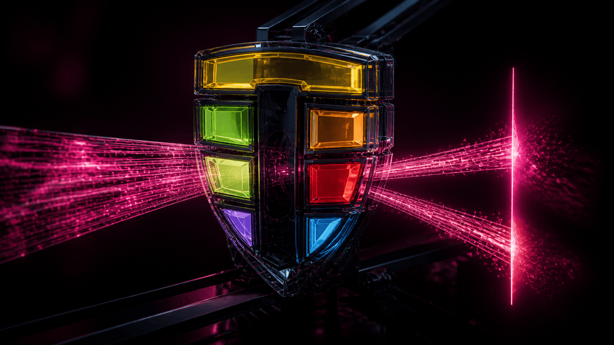 Glossy Tetragon-inspired shield gate with segmented cyan, lime, yellow, orange, red, and violet facets routing a process stream while a rogue branch is cut off at the edge