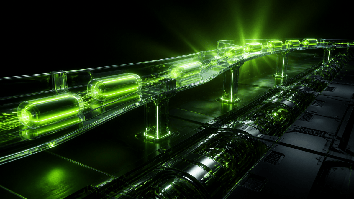 Glossy lime-green express lane carrying illuminated code capsules above a sealed Kubernetes machinery trench