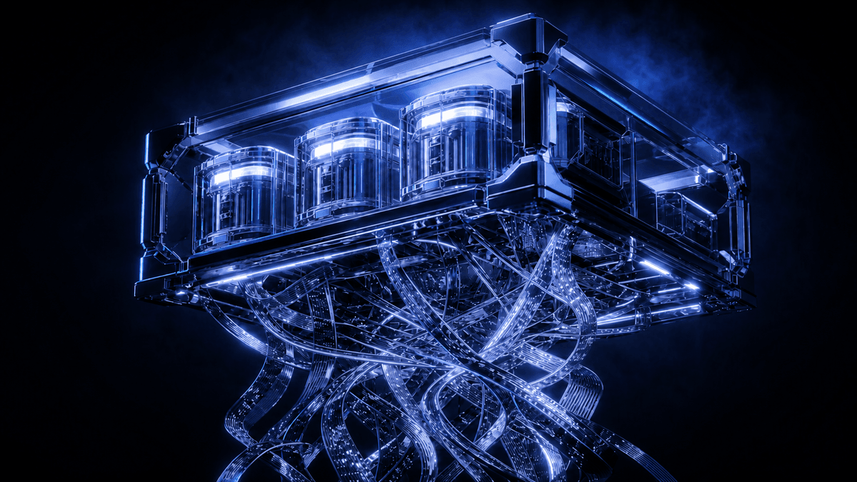 Glossy periwinkle release frame holding translucent chart canisters above a knot of templated manifest ribbons